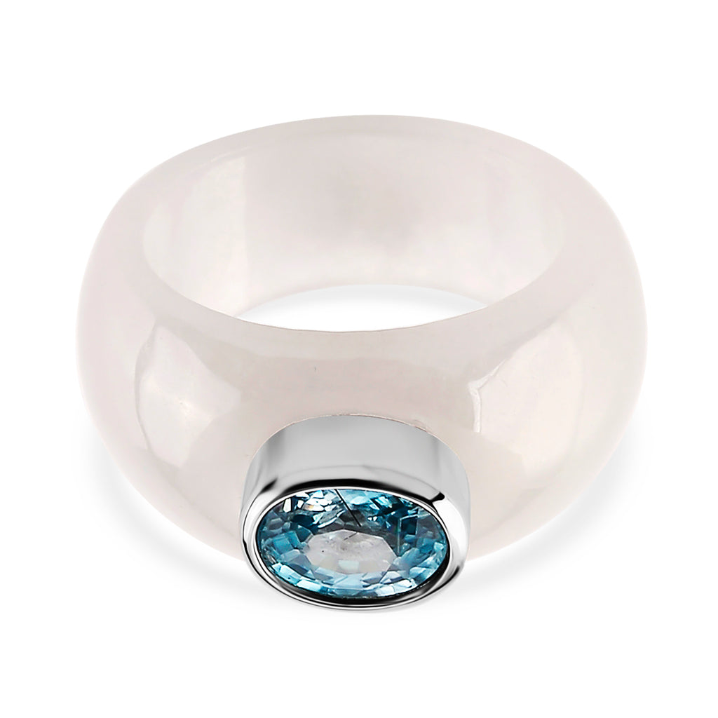 Cambodian Blue Zircon & Jade Solitaire Band Ring in Rhodium Overlay Sterling Silver 31.00 Ct._8537629