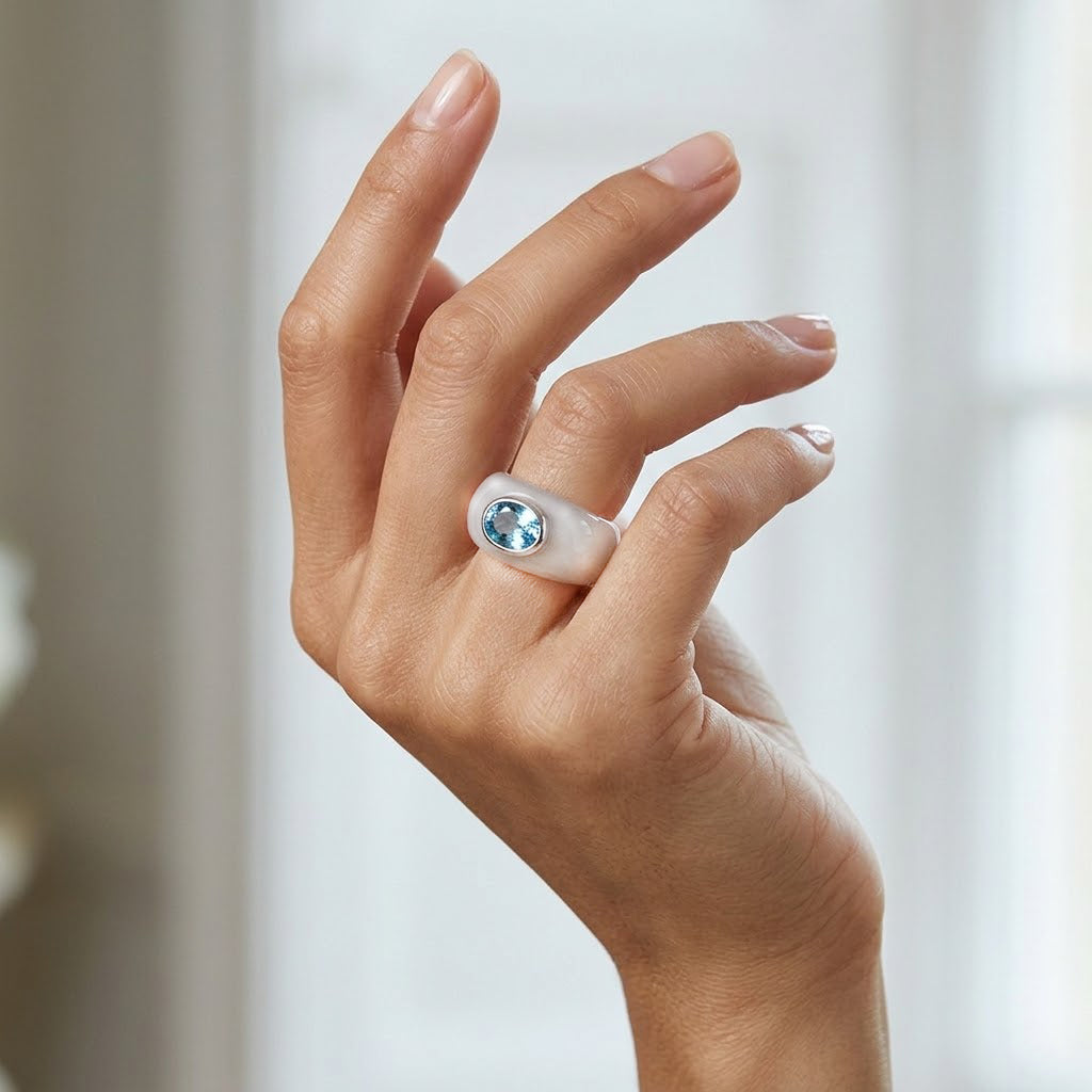 Cambodian Blue Zircon &amp; Jade Solitaire Band Ring in Rhodium Overlay Sterling Silver 31.00 Ct. V32527062 2