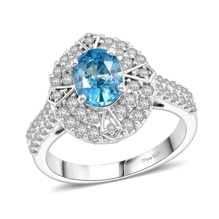 D'Joy Blue Zircon, Moissanite Main Stone With Surrounding Stone Ring in Rhodium OverlaySterling Silver  2.710  Ct. 8537984 1