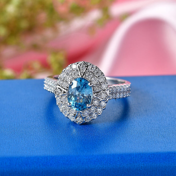 D'Joy Blue Zircon, Moissanite Main Stone With Surrounding Stone Ring in Rhodium OverlaySterling Silver  2.710  Ct. 8537984 2