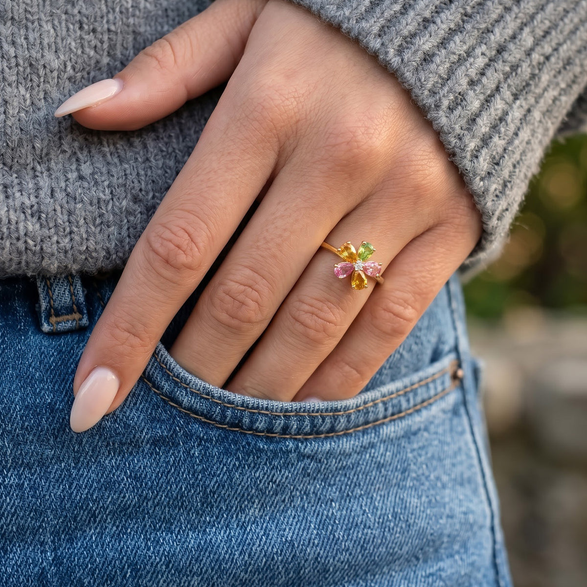 LUXURIANT Multi-Tourmaline, Lab Grown Diamond Floral Ring in Yellow Gold Plated Sterling Silver 1 Ct.  (SI-G-H) V32687289 5