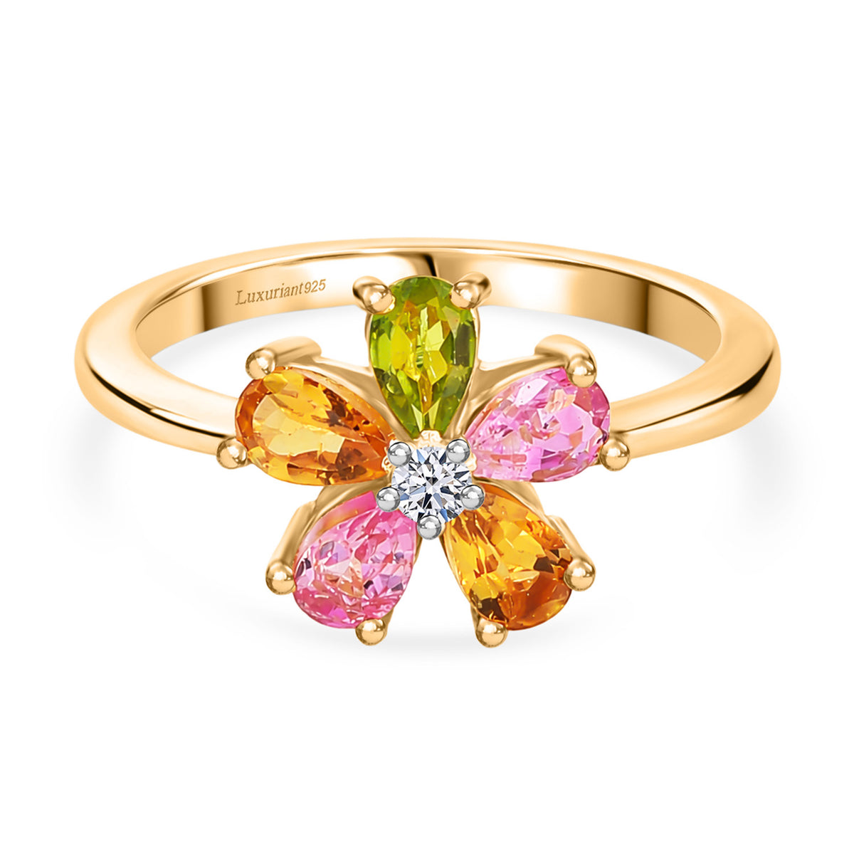 LUXURIANT Multi-Tourmaline, Lab Grown Diamond Floral Ring in Yellow Gold Plated Sterling Silver 1 Ct.  (SI-G-H) 8538032 0