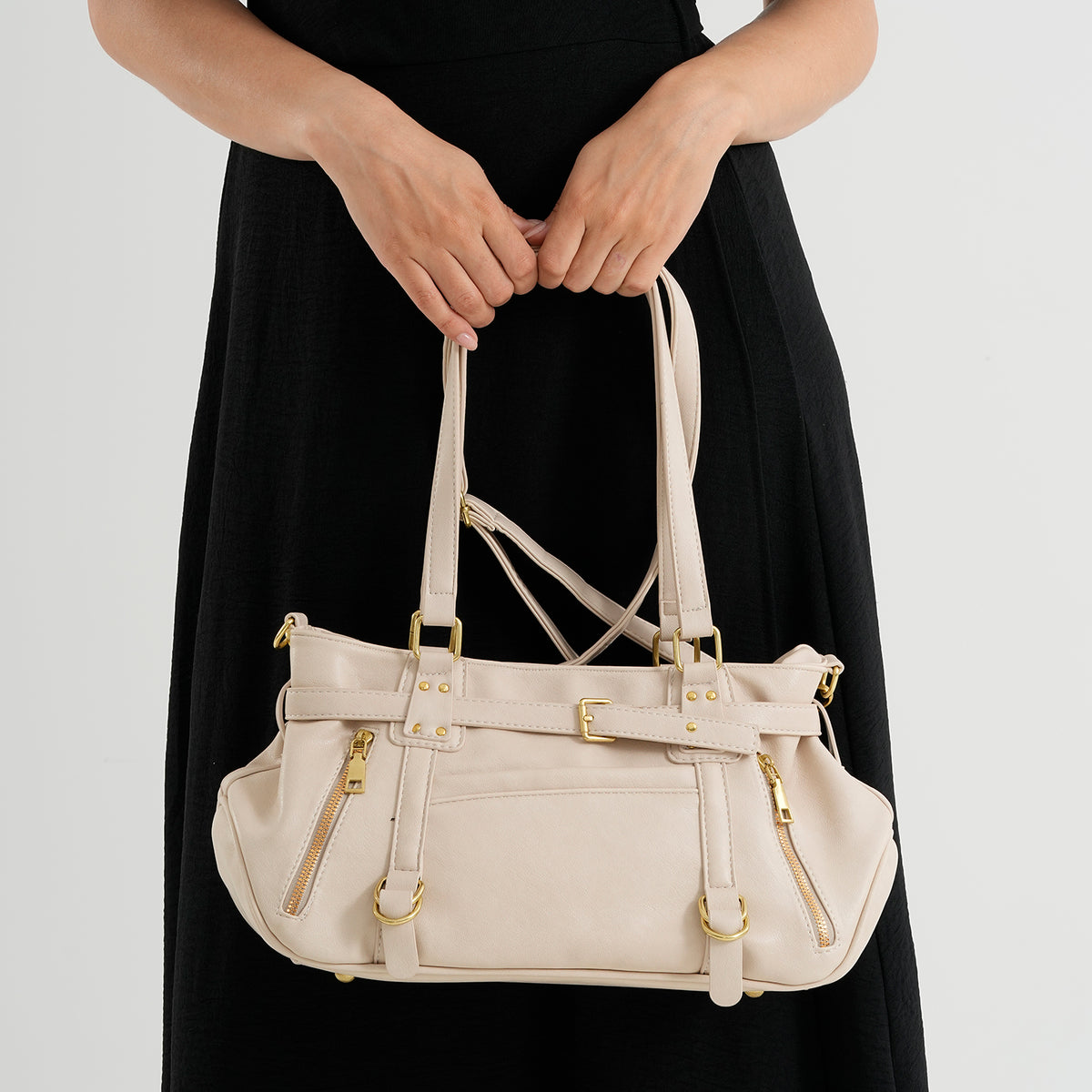 Designer Inspired - Multi-Pocket Slouchy Shoulder Handbag with Detachable Strap - Off White V32604202 3
