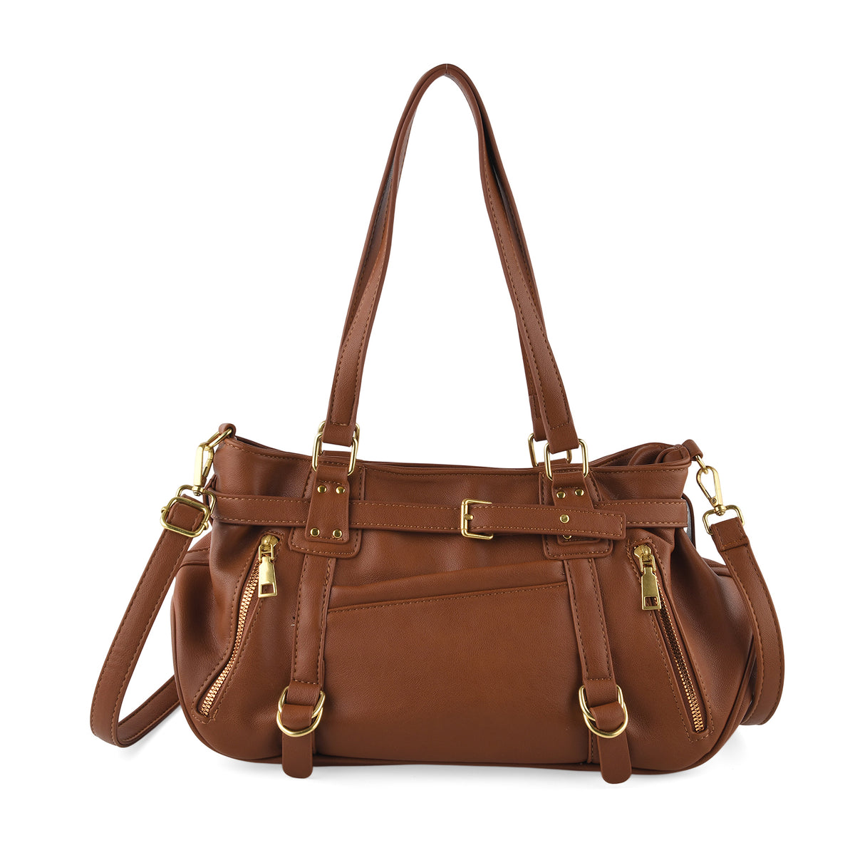 Designer Inspired - Multi-Pocket Slouchy Shoulder Handbag with Detachable Strap - Brown V32588843 0