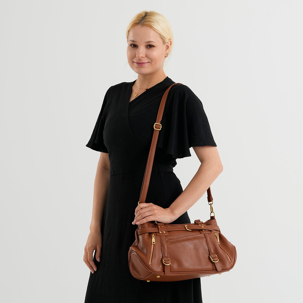 Designer Inspired - Multi-Pocket Slouchy Shoulder Handbag with Detachable Strap - Brown V32588843 2