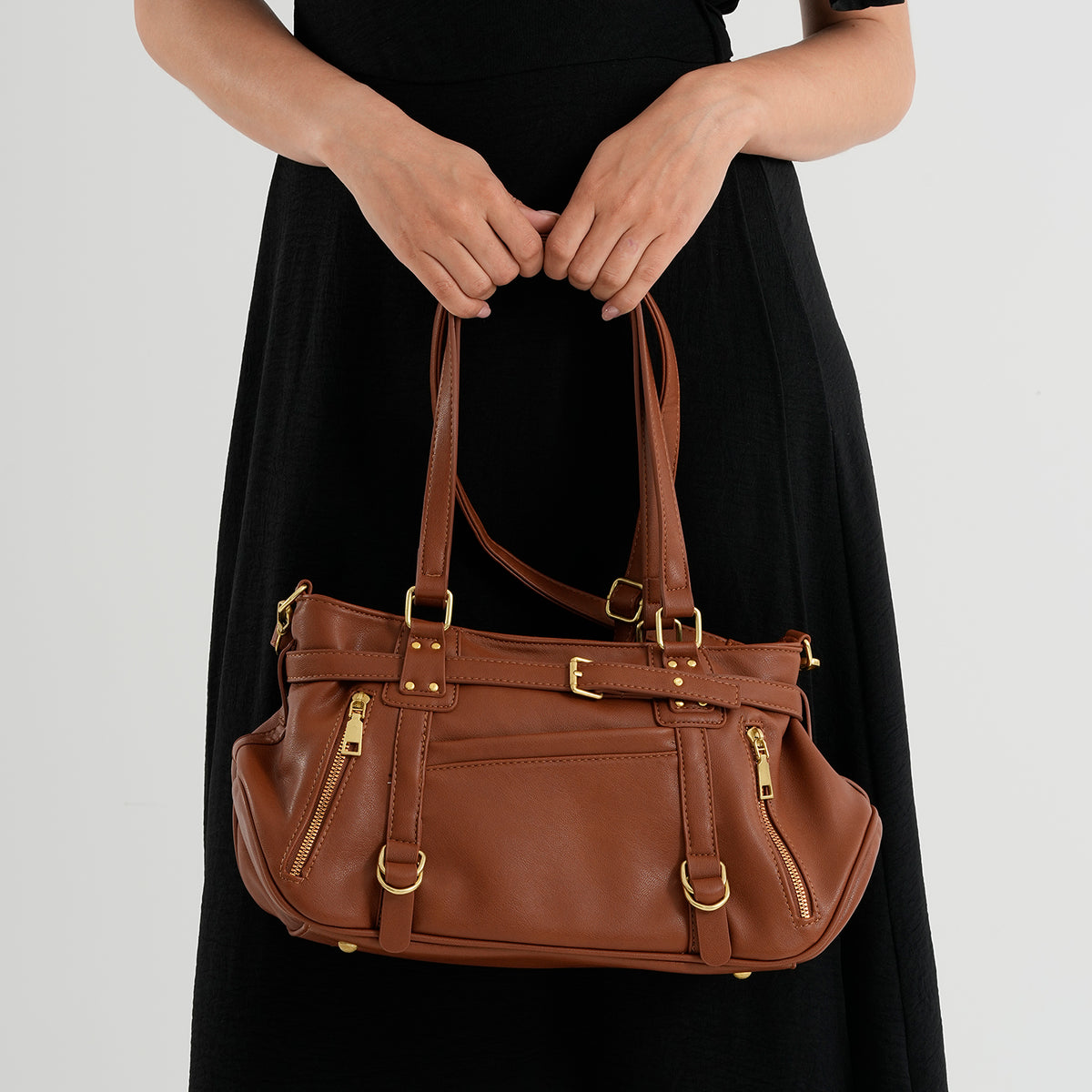 Designer Inspired - Multi-Pocket Slouchy Shoulder Handbag with Detachable Strap - Brown V32588843 3