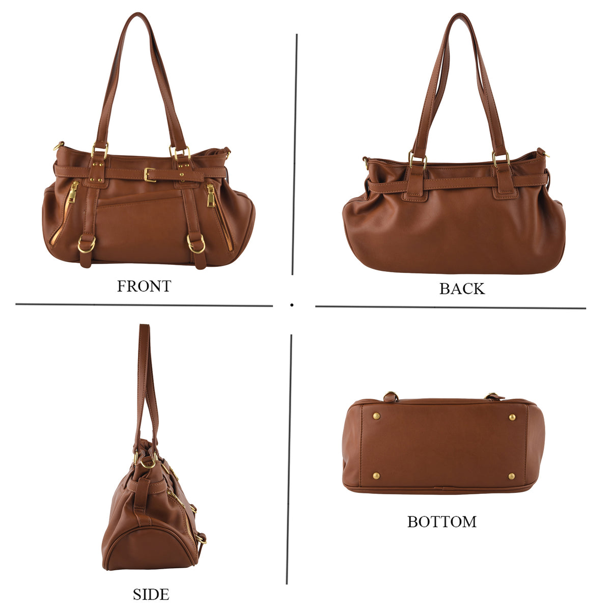 Designer Inspired - Multi-Pocket Slouchy Shoulder Handbag with Detachable Strap - Brown V32588843 4
