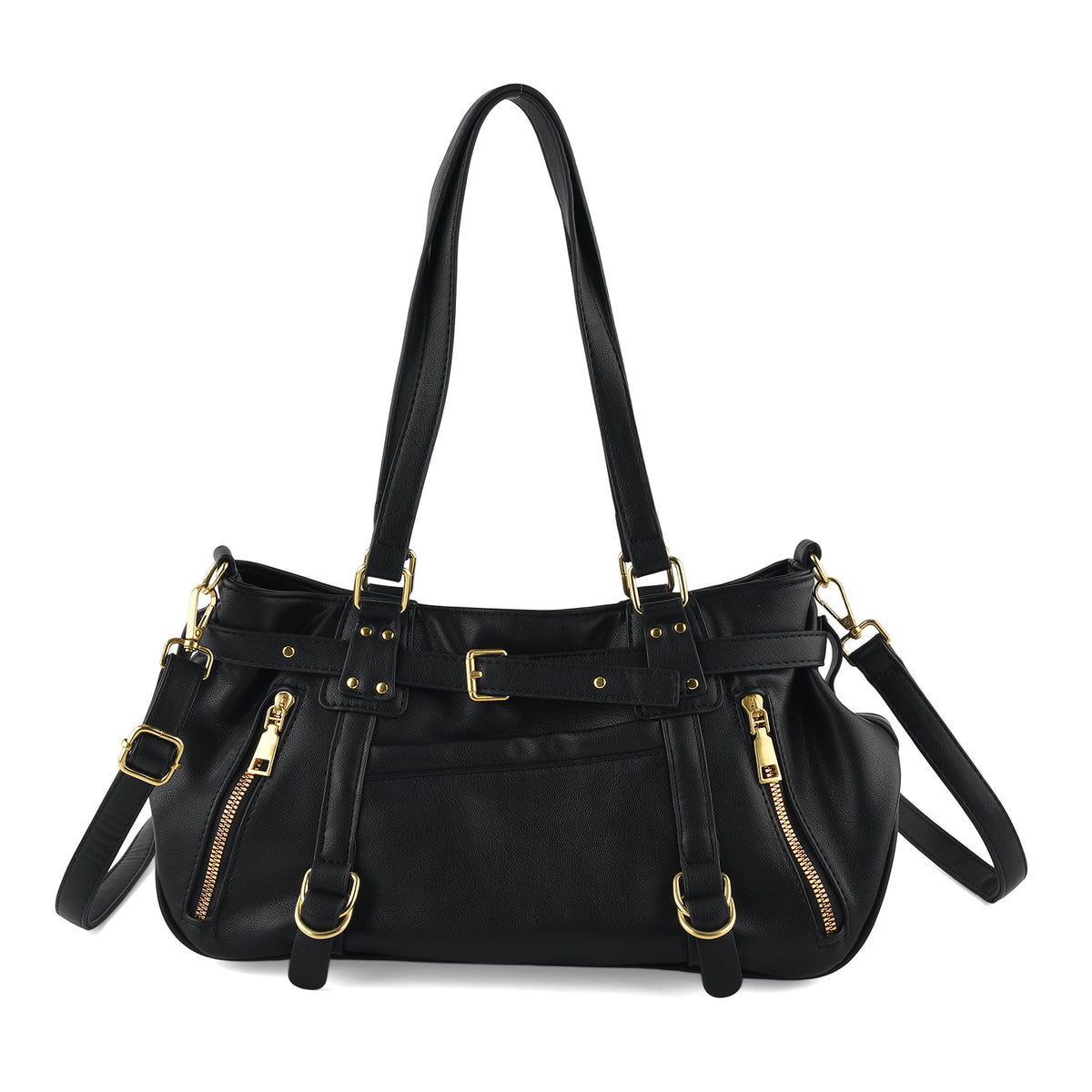 Designer Inspired - Multi-Pocket Slouchy Shoulder Handbag with Detachable Strap - Black V32603228 0