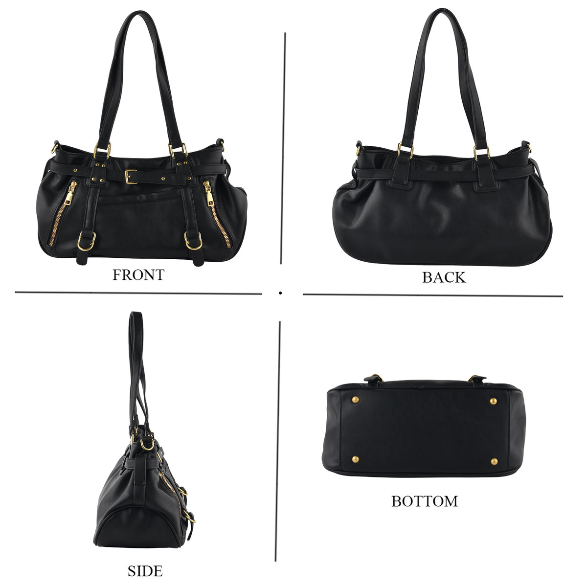 Designer Inspired - Multi-Pocket Slouchy Shoulder Handbag with Detachable Strap - Black V32603228 4