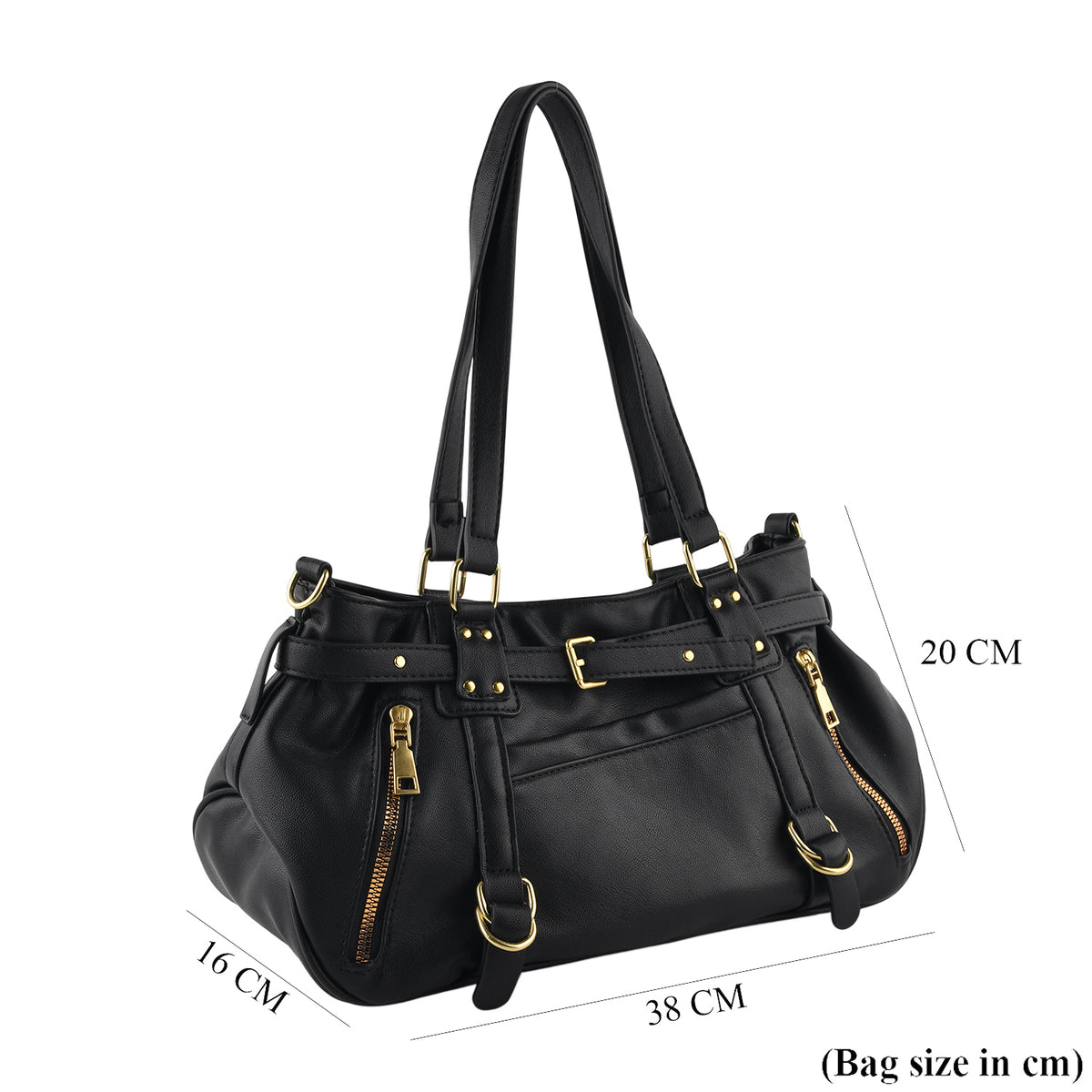 Designer Inspired - Multi-Pocket Slouchy Shoulder Handbag with Detachable Strap - Black V32603228 7