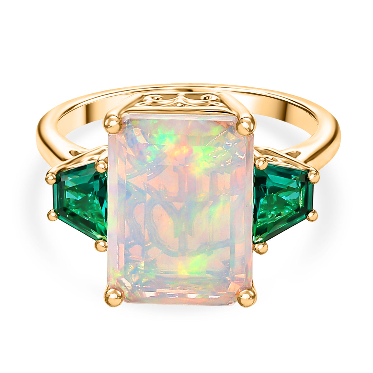 AAA Natural Faceted Ethiopian Opal (4ct) and Lab Grown Emerald Ring in 18K Gold Vermeil Sterling Silver 4.85 Ct. 8538479 0