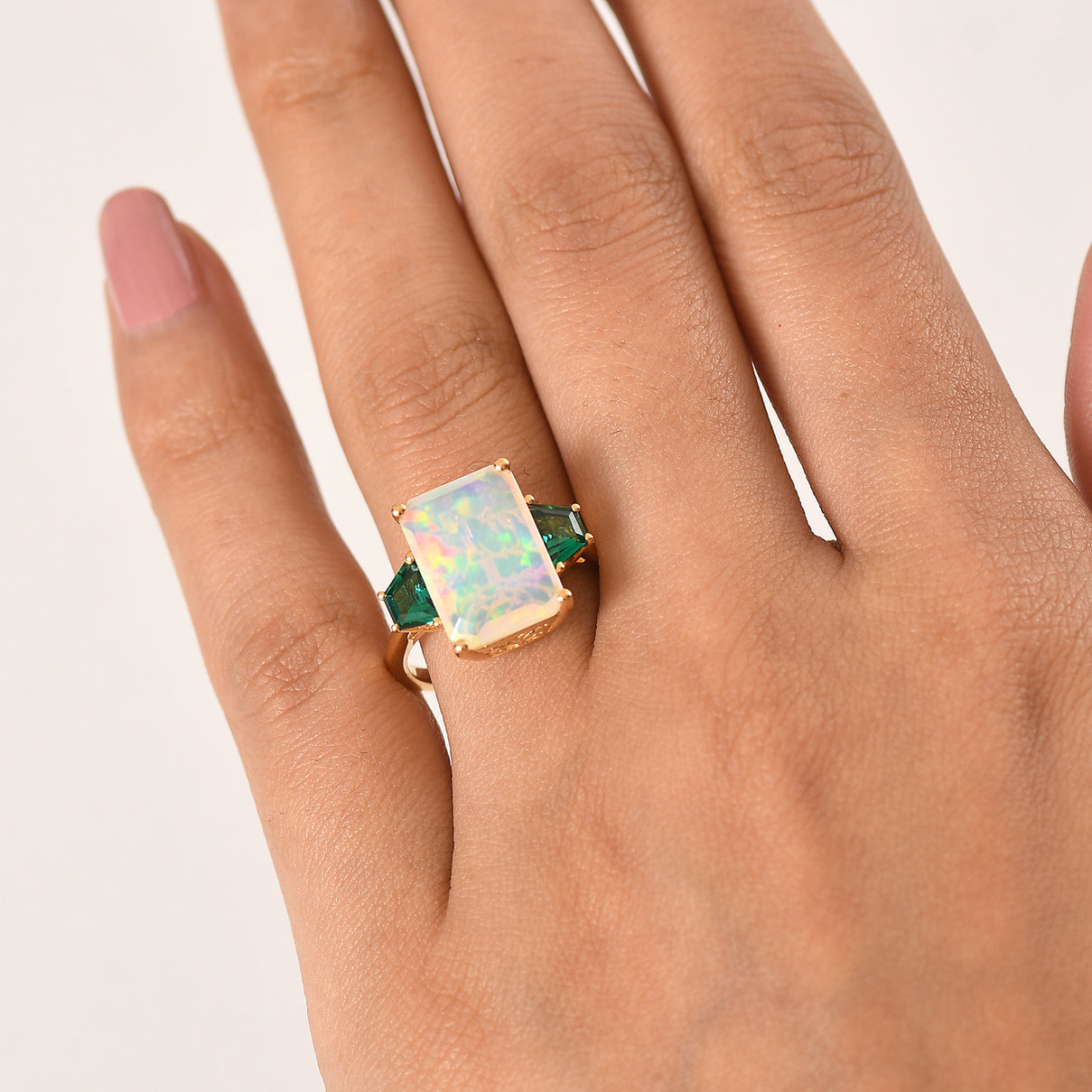 AAA Natural Faceted Ethiopian Opal (4ct) and Lab Grown Emerald Ring in 18K Gold Vermeil Sterling Silver 4.85 Ct. 8538479 2