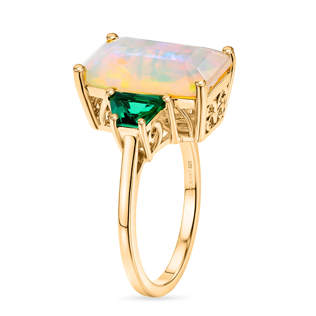 AAA Natural Faceted Ethiopian Opal (4ct) and Lab Grown Emerald Ring in 18K Gold Vermeil Sterling Silver 4.85 Ct._8538479_3
