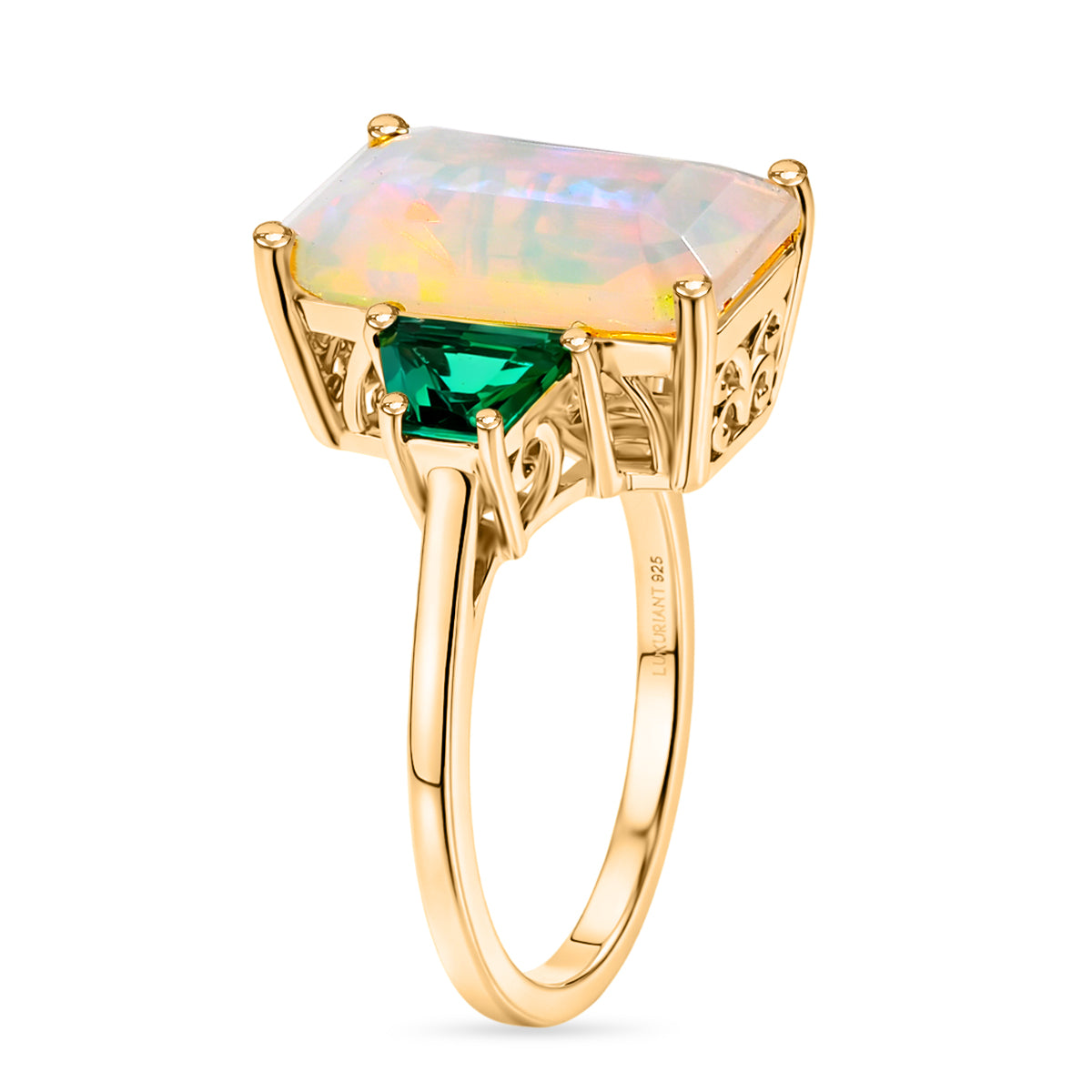 AAA Natural Faceted Ethiopian Opal (4ct) and Lab Grown Emerald Ring in 18K Gold Vermeil Sterling Silver 4.85 Ct. 8538479 4