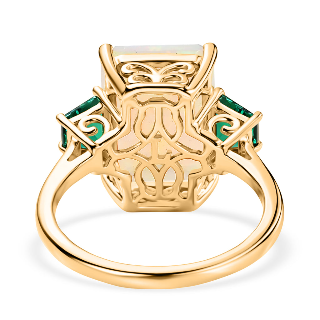 AAA Natural Faceted Ethiopian Opal (4ct) and Lab Grown Emerald Ring in 18K Gold Vermeil Sterling Silver 4.85 Ct._8538479_4