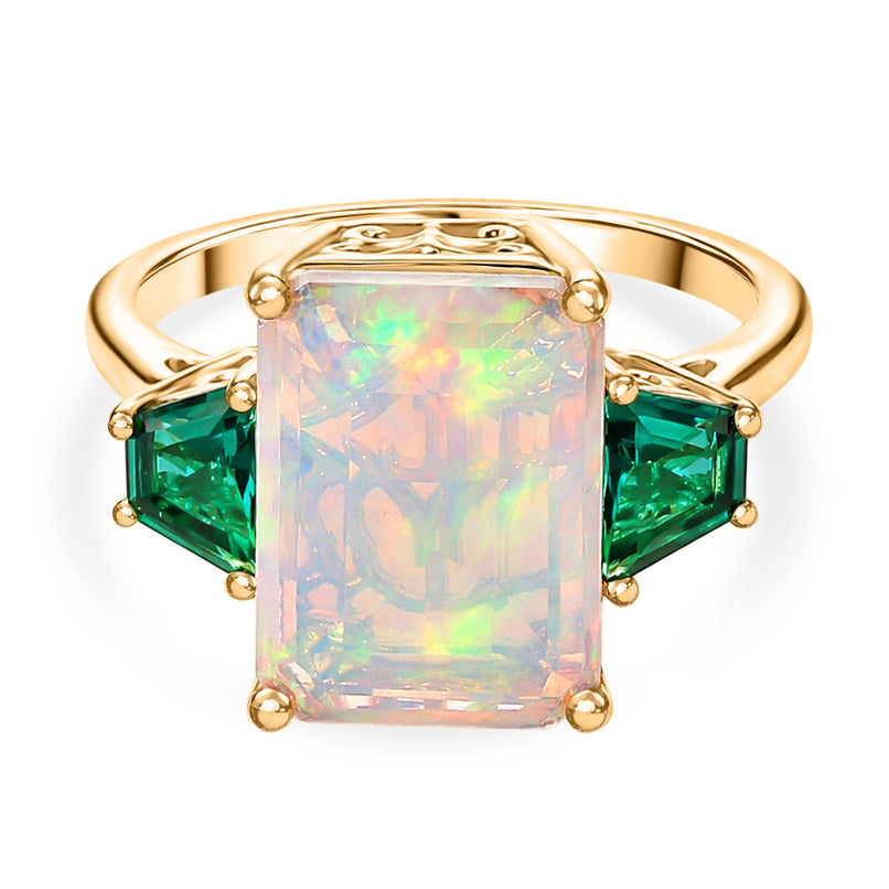 AAA Natural Faceted Ethiopian Opal (4ct) and Lab Grown Emerald Ring in 18K Gold Vermeil Sterling Silver 4.85 Ct._8538483