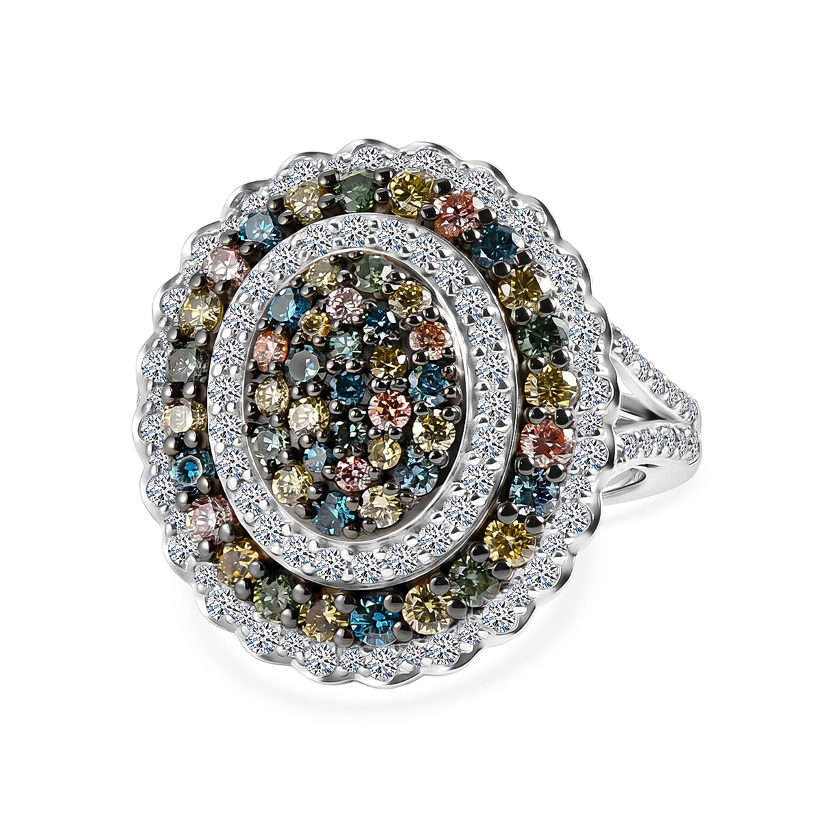 LUXURIANT Kaleidoscope Dreams 2 Ct. Lab Grown Multi Diamond Cluster Ring in Rhodium Overlay Sterling Silver (SI) 8538631 0