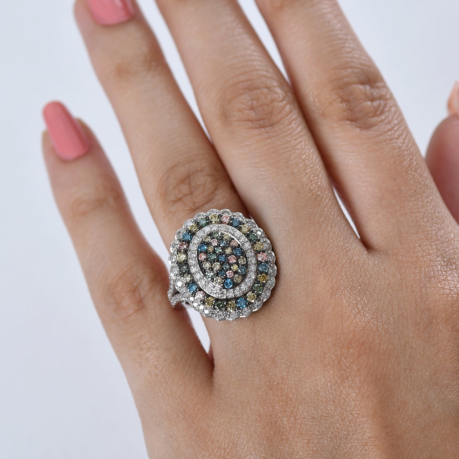 LUXURIANT Kaleidoscope Dreams 2 Ct. Lab Grown Multi Diamond Cluster Ring in Rhodium Overlay Sterling Silver (SI) 8538631 2