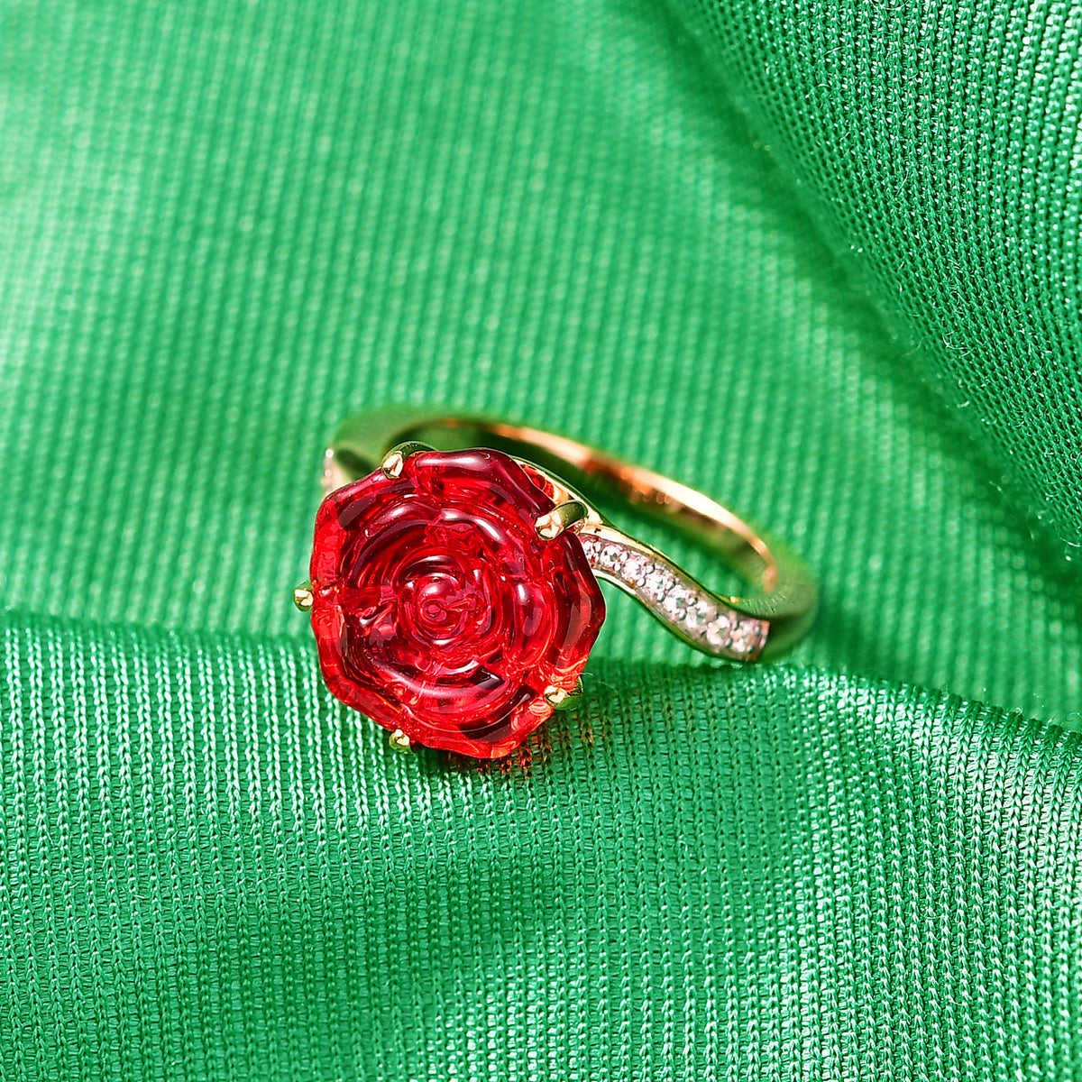 GP - Whispers of Murano Glass, Blue Sapphire &amp; White Zircon Floral Ring in 18K Vermeil Yellow Gold Plated Sterling Silver 8538829 2