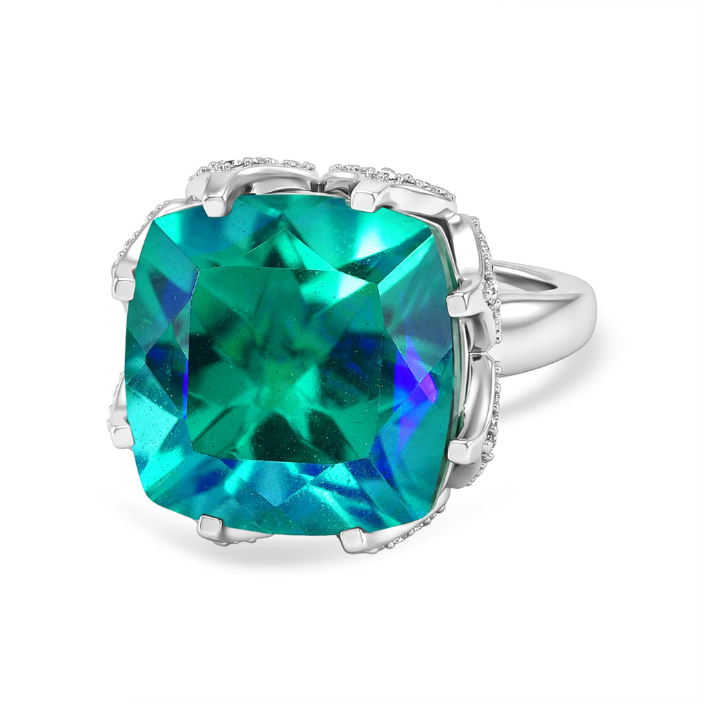 D'Joy - Peacock Triplet Quartz & White Zircon Solitaire Ring in Rhodium Overlay Sterling Silver 13.63 Ct._8540193