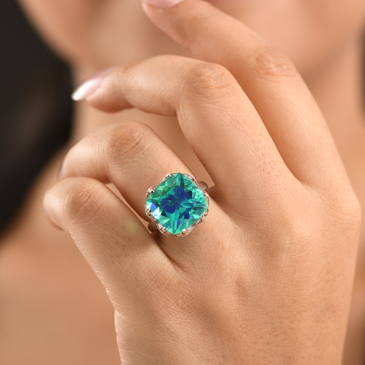D'Joy - Peacock Triplet Quartz &amp; White Zircon Solitaire Ring in Rhodium Overlay Sterling Silver 13.63 Ct. V32533305 2