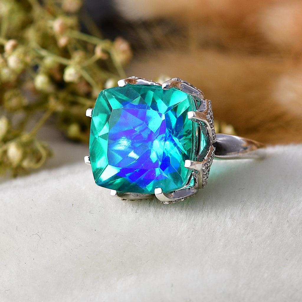 D'Joy - Peacock Triplet Quartz & White Zircon Solitaire Ring in Rhodium Overlay Sterling Silver 13.63 Ct._8540193_2