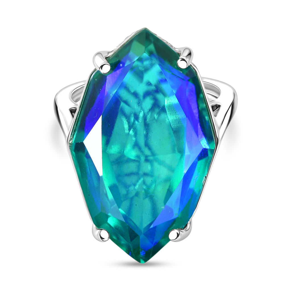 D'Joy - Peacock Triplet Quartz Solitaire Ring in Rhodium Overlay Sterling Silver 21.33 Ct._8540197