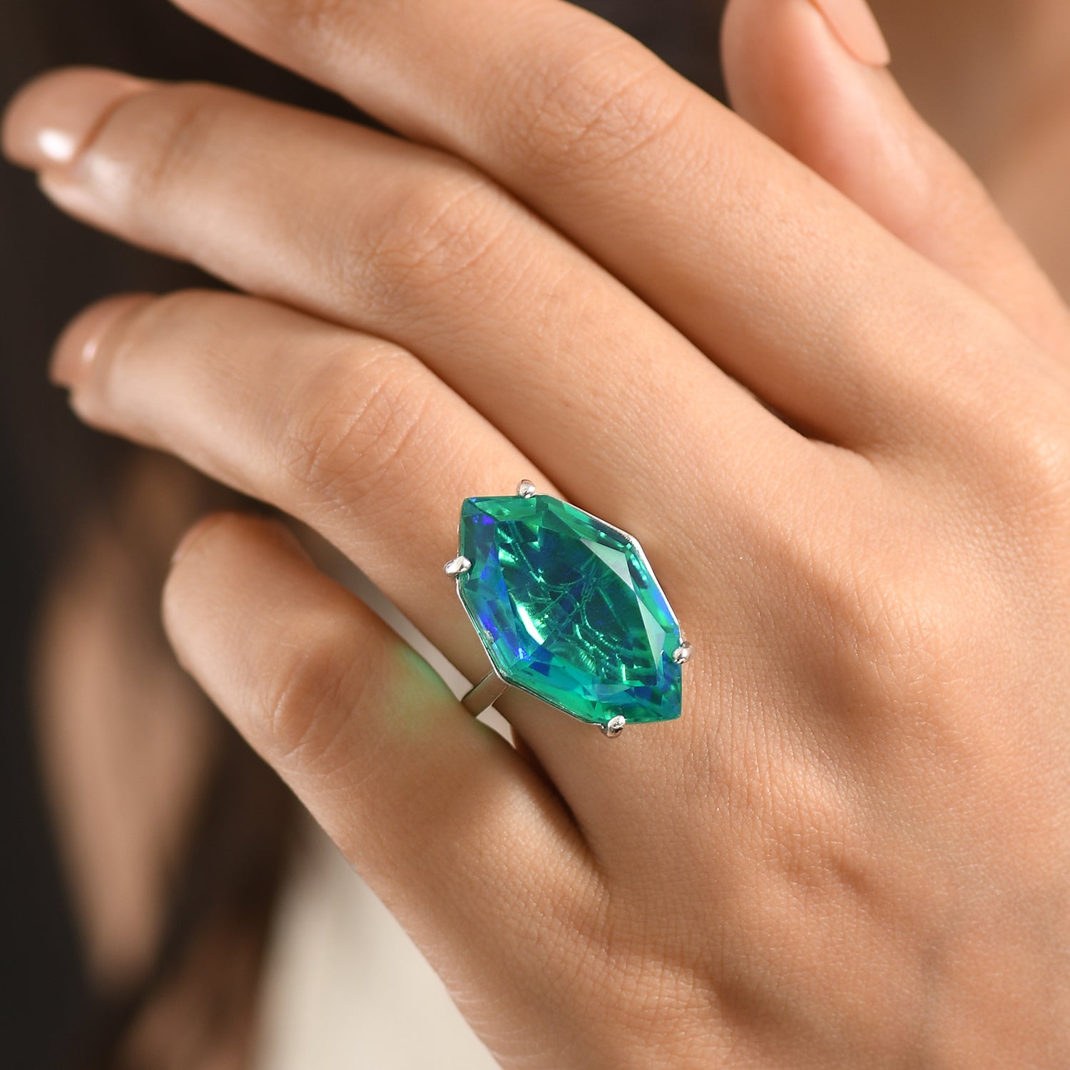 D'Joy - Peacock Triplet Quartz Solitaire Ring in Rhodium Overlay Sterling Silver 21.33 Ct. 8540197 2