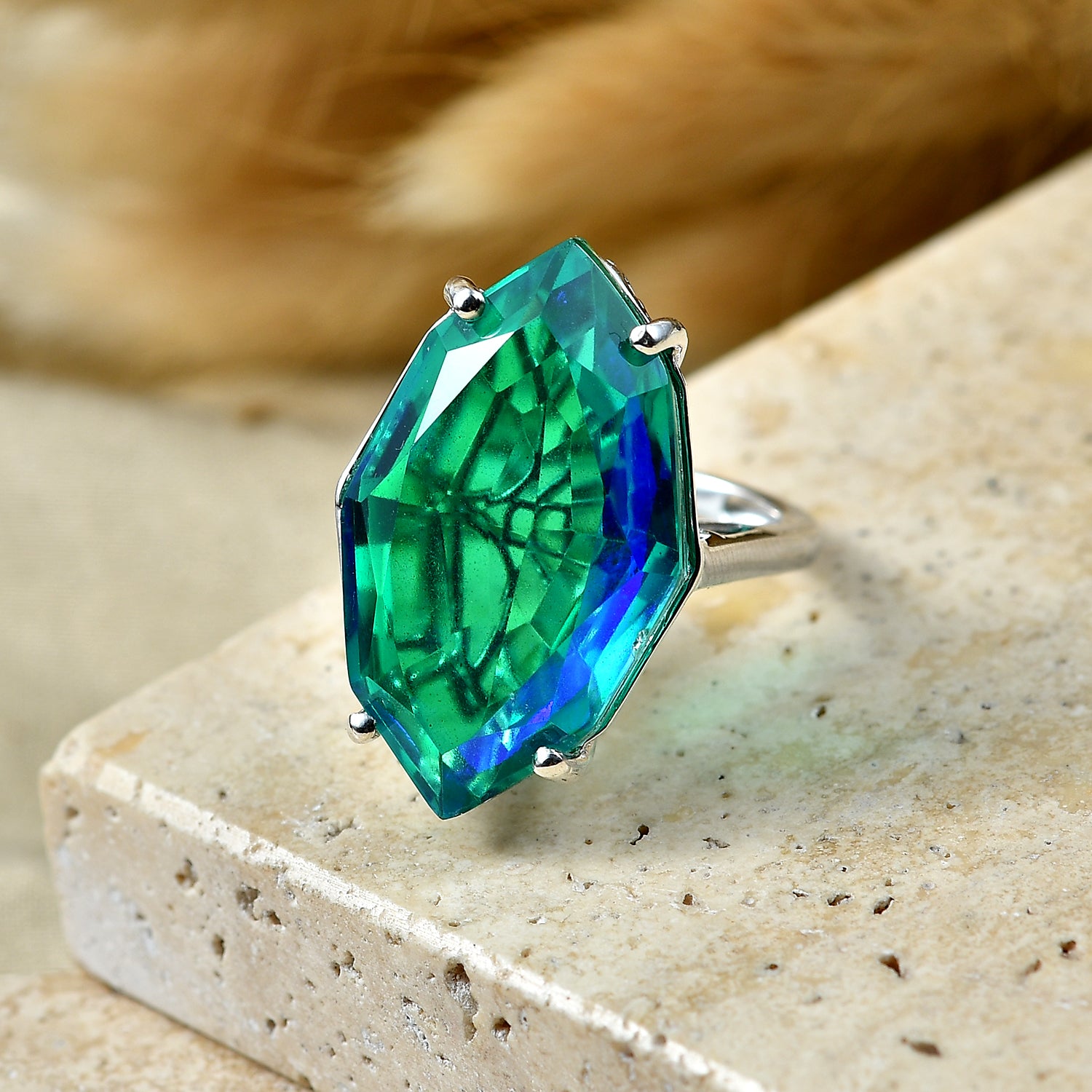D'Joy - Peacock Triplet Quartz Solitaire Ring in Rhodium Overlay Sterling Silver 21.33 Ct. 8540197 3