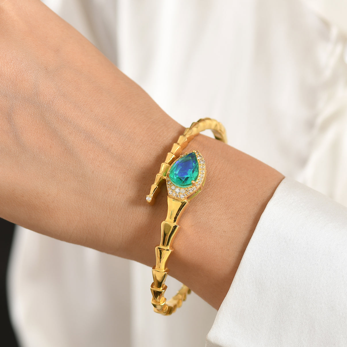 EverTrue - Peacock Triplet Quartz &amp; White Zircon Full Bangle (Size 7.5) in Yellow Gold Tone 6.27 Ct. 8540307 2