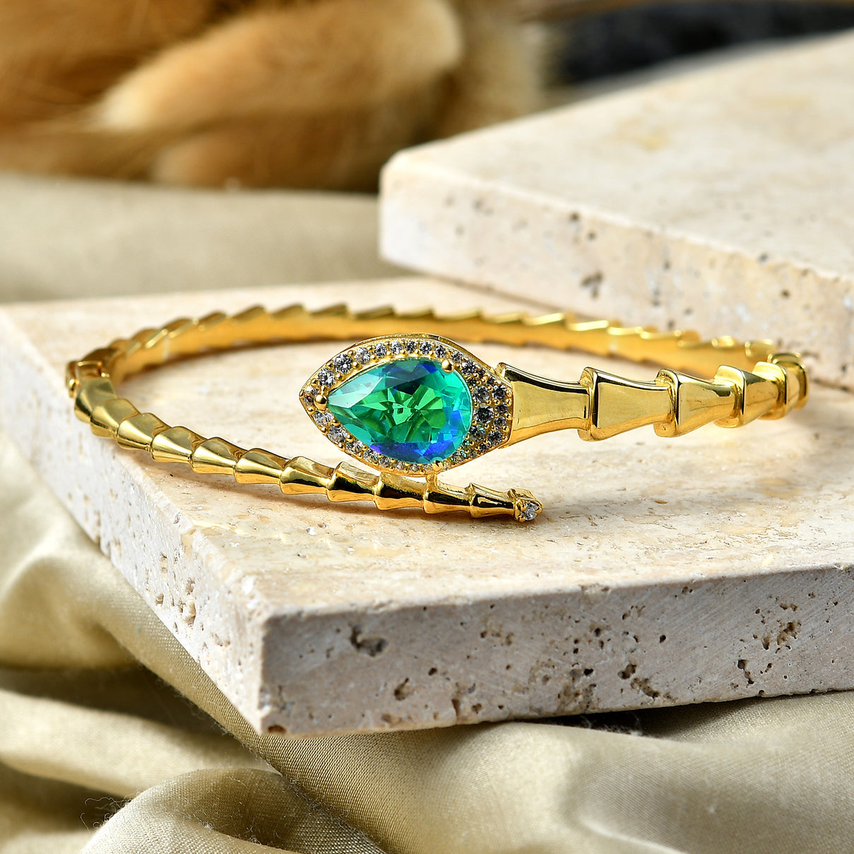 EverTrue - Peacock Triplet Quartz &amp; White Zircon Full Bangle (Size 7.5) in Yellow Gold Tone 6.27 Ct. 8540307 3