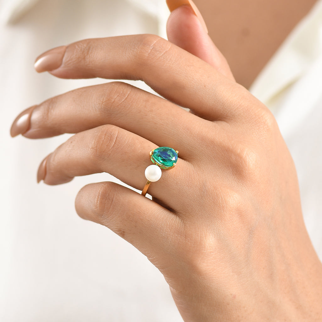 D'Joy - Peacock Triplet Quartz & Fresh Water Pearl Toi-et-Moi Ring in Yellow Gold Plated Sterling Silver 3.61 Ct._8540562_1