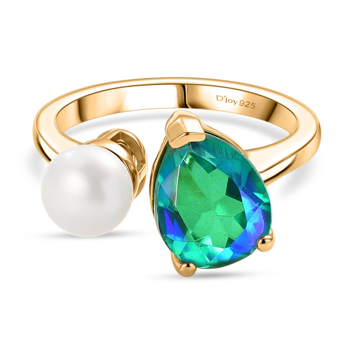 D'Joy - Peacock Triplet Quartz &amp; Fresh Water Pearl Toi-et-Moi Ring in Yellow Gold Plated Sterling Silver 3.61 Ct. V32519616 0