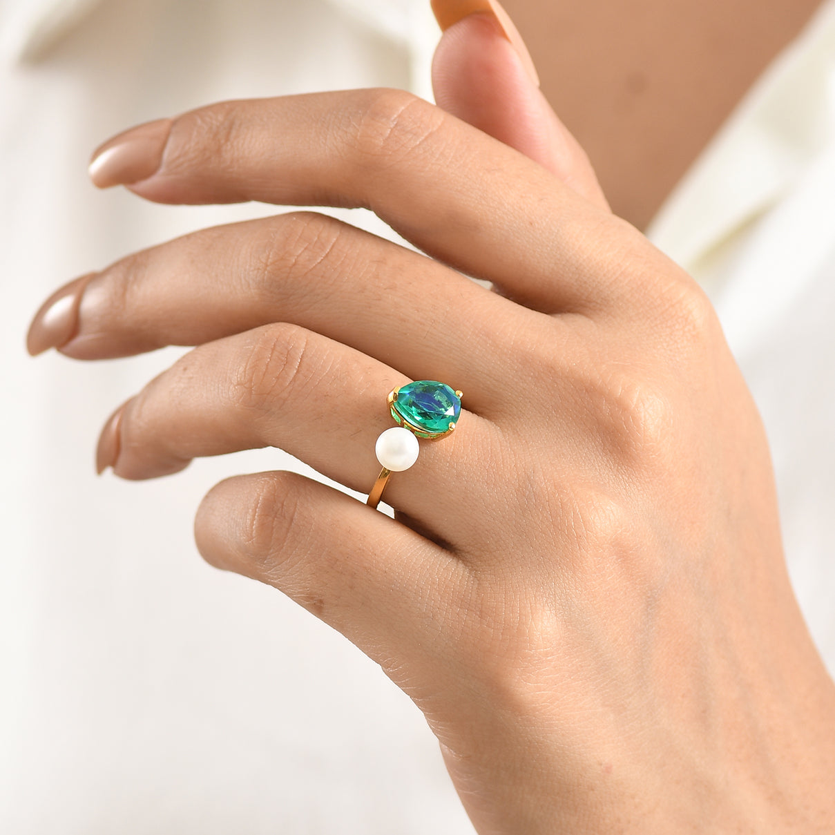 D'Joy - Peacock Triplet Quartz &amp; Fresh Water Pearl Toi-et-Moi Ring in Yellow Gold Plated Sterling Silver 3.61 Ct. V32519616 2