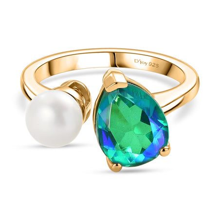 D'Joy - Peacock Triplet Quartz &amp; Fresh Water Pearl Toi-et-Moi Ring in Yellow Gold Plated Sterling Silver 3.61 Ct. 8540568 1