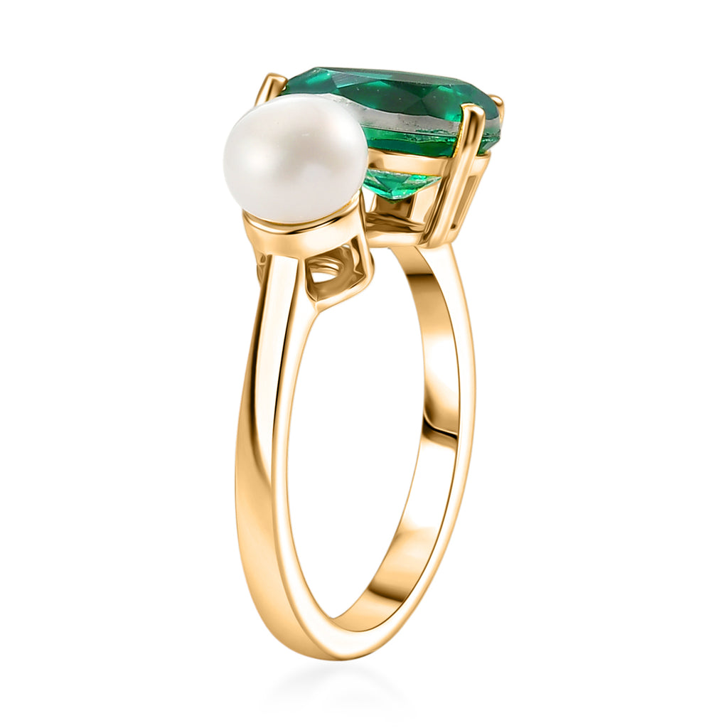 D'Joy - Peacock Triplet Quartz & Fresh Water Pearl Toi-et-Moi Ring in Yellow Gold Plated Sterling Silver 3.61 Ct._8540568_3