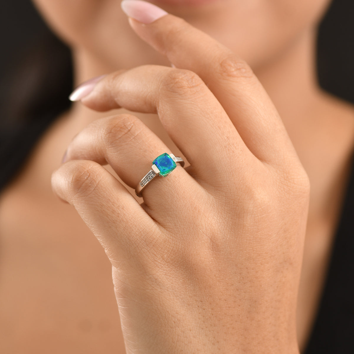 D'Joy - Peacock Triplet Quartz &amp; White Zircon Solitaire Ring in Platinum Overlay Sterling Silver 1.74 Ct. V32519283 2