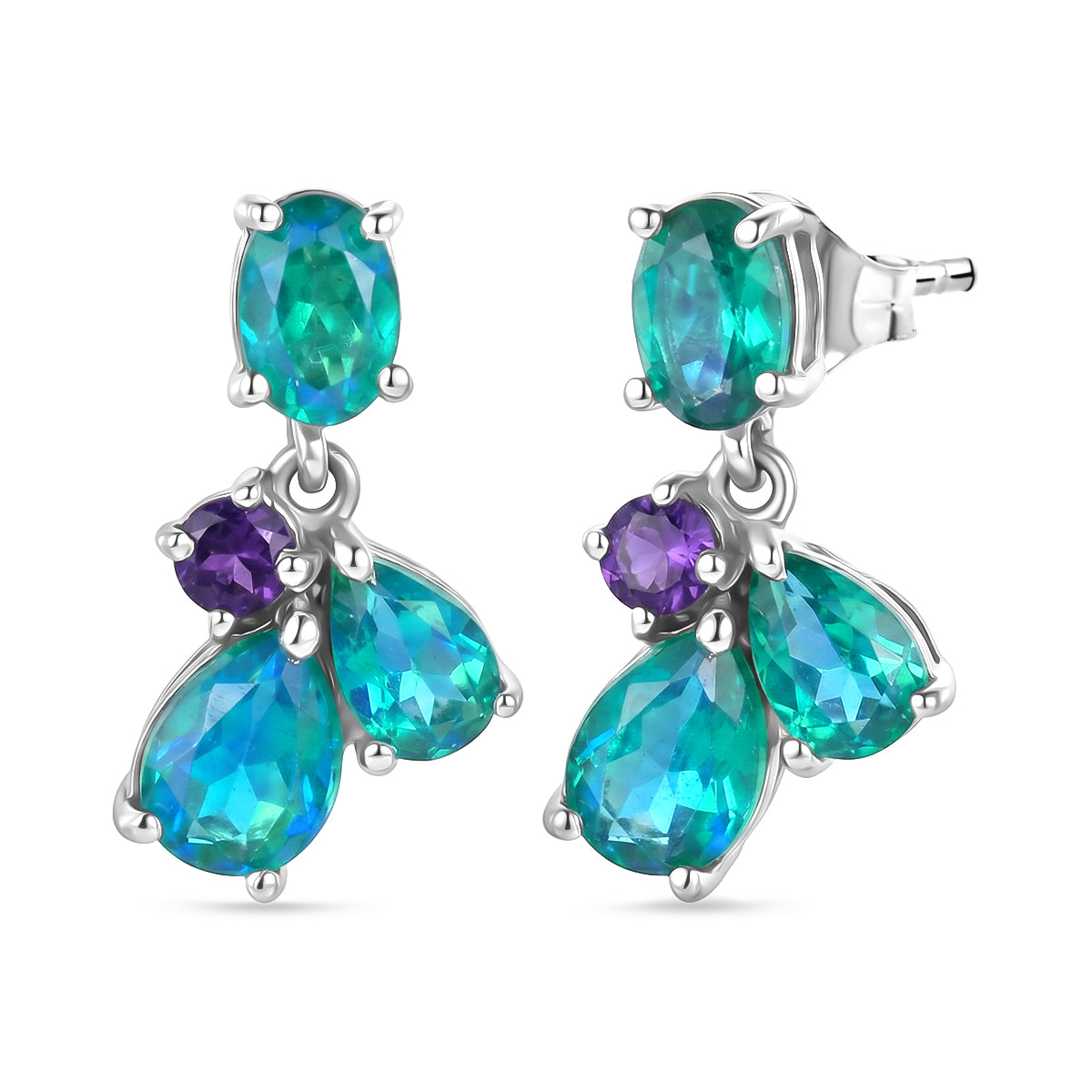 D'Joy - Peacock Triplet Quartz &amp; African Amethyst Dangling Earring with Push Post in Platinum Overlay Sterling Silver 3.61 Ct. 8540649 0