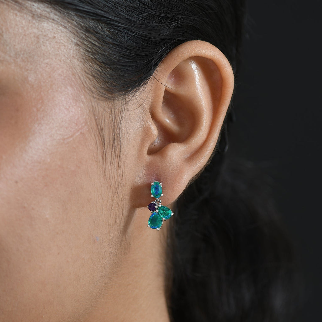 D'Joy - Peacock Triplet Quartz & African Amethyst Dangling Earring with Push Post in Platinum Overlay Sterling Silver 3.61 Ct.