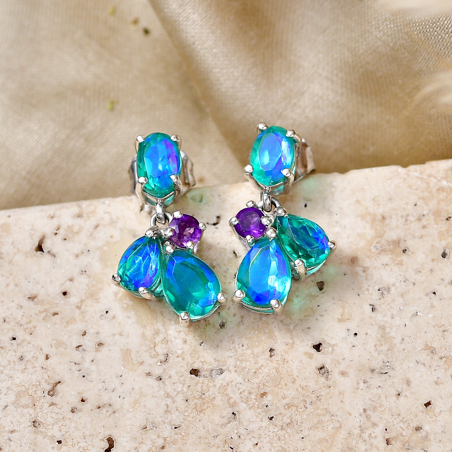 D'Joy - Peacock Triplet Quartz &amp; African Amethyst Dangling Earring with Push Post in Platinum Overlay Sterling Silver 3.61 Ct. 8540649 3