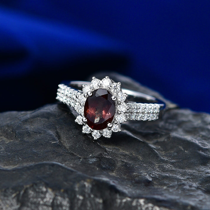D'Joy Colour Change Garnet, Moissanite Main Stone With Side Stone Ring in Rhodium OverlaySterling Silver  2.120  Ct. 8540837 2