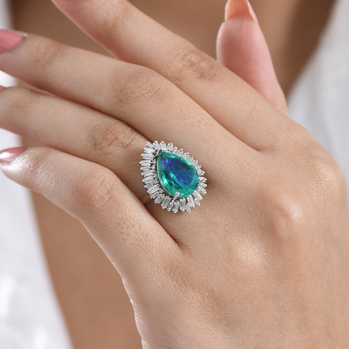 D'Joy - Peacock Triplet Quartz &amp; Moissanite Pear Cut Halo Ring in Rhodium Overlay Sterling Silver 6.54 Ct. 8540855 2