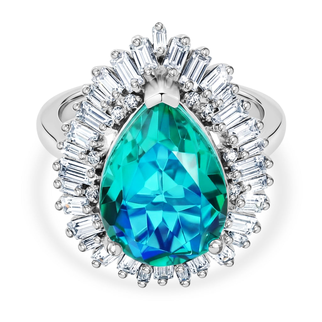 D'Joy - Peacock Triplet Quartz & Moissanite Pear Cut Halo Ring in Rhodium Overlay Sterling Silver 6.54 Ct._8540856