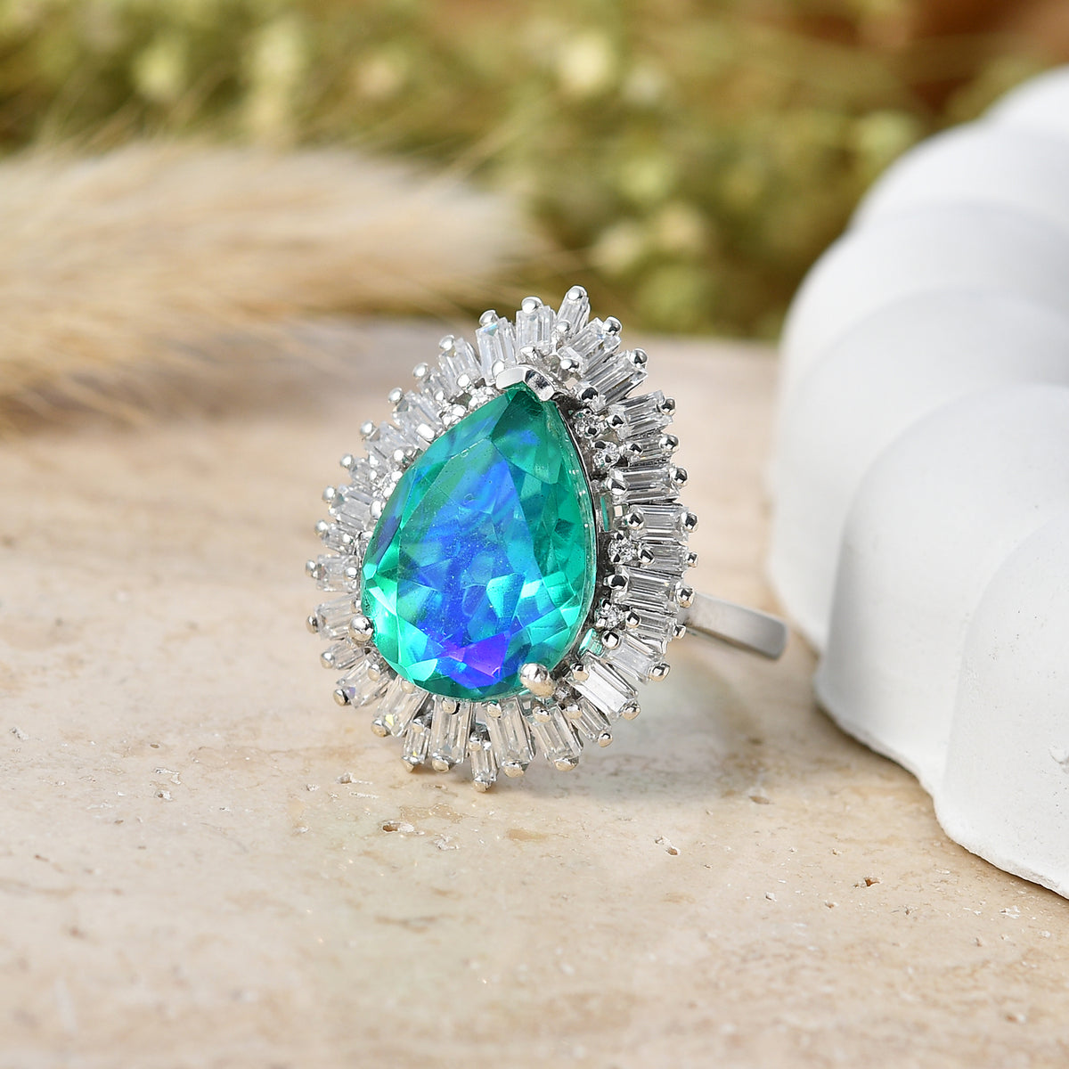 D'Joy - Peacock Triplet Quartz &amp; Moissanite Pear Cut Halo Ring in Rhodium Overlay Sterling Silver 6.54 Ct. V32523861 3