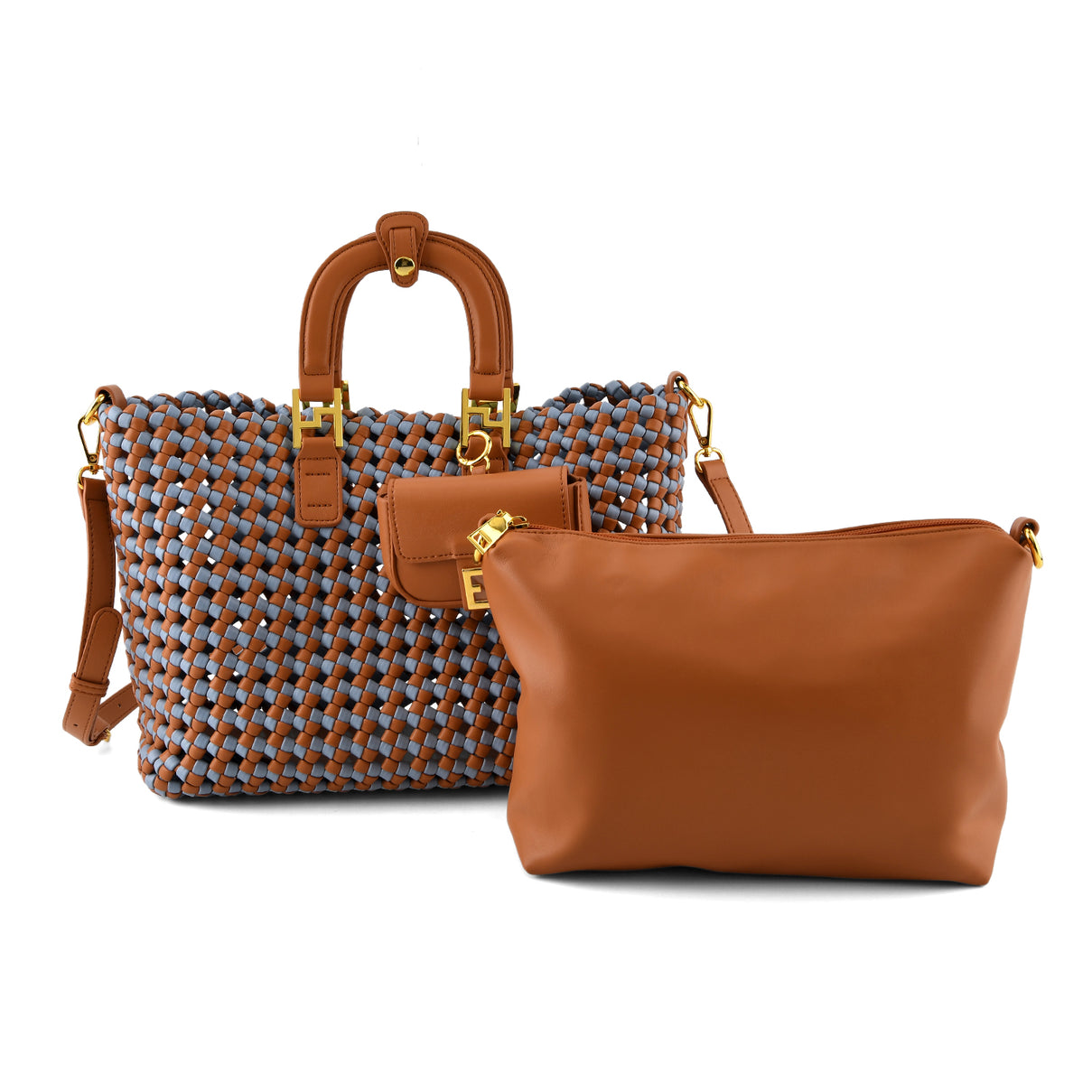 3 Piece Genuine Leather Woven Tote Bag Set - Blue &amp; Brown V32517733 0
