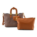 3 Piece Genuine Leather Woven Tote Bag Set - Blue & Brown_8544783