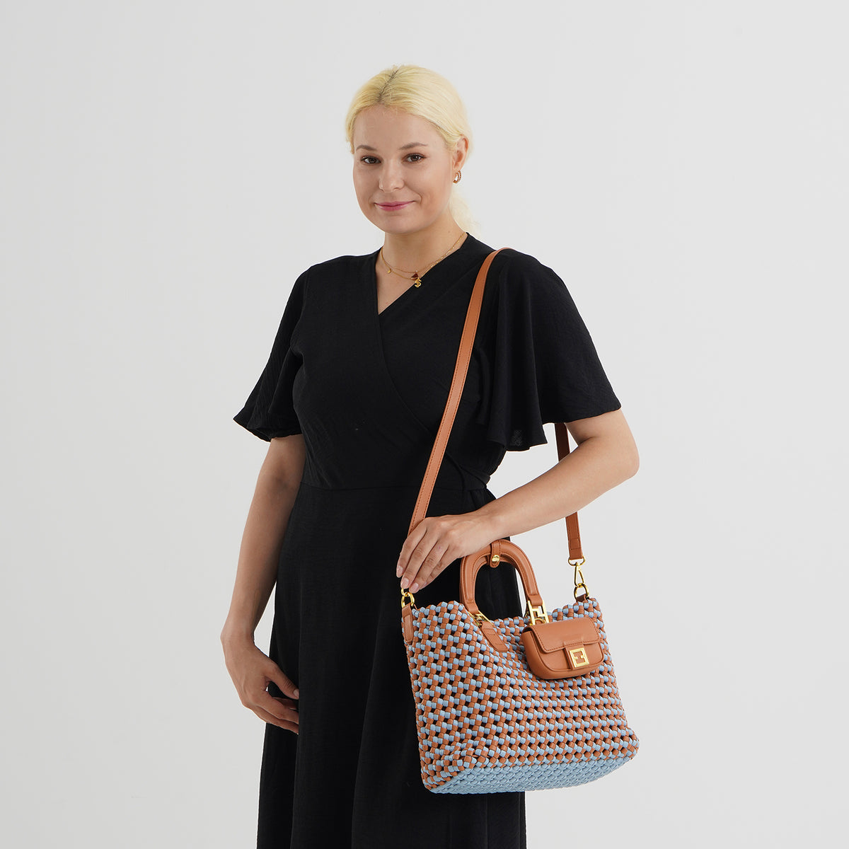 3 Piece Genuine Leather Woven Tote Bag Set - Blue &amp; Brown V32517733 2
