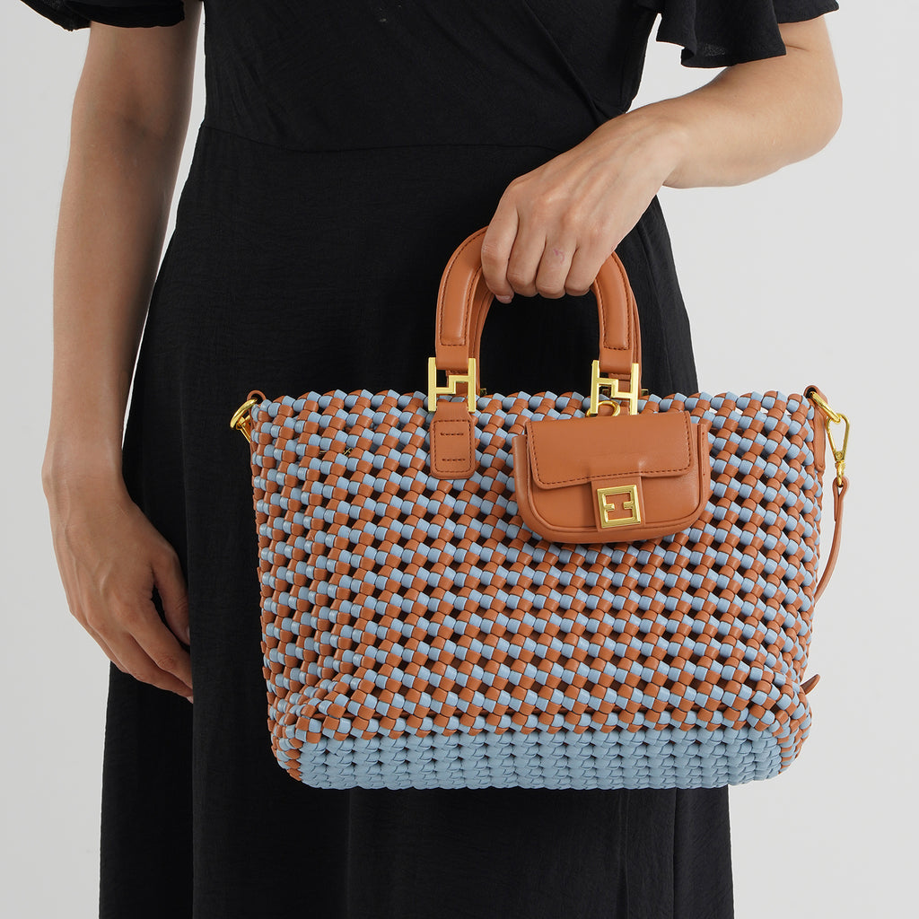 3 Piece Genuine Leather Woven Tote Bag Set - Blue & Brown_8544783_3