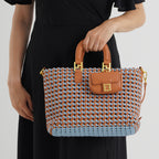 3 Piece Genuine Leather Woven Tote Bag Set - Blue & Brown_8544783_3