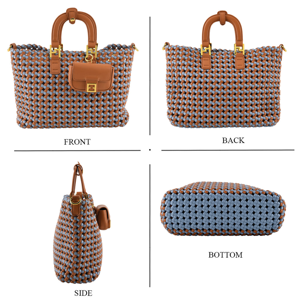 3 Piece Genuine Leather Woven Tote Bag Set - Blue & Brown_8544783_4